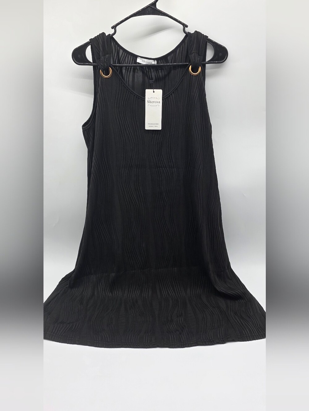 Sherosa Women's Black Textured Midi Dress with Ring-Strap Detail